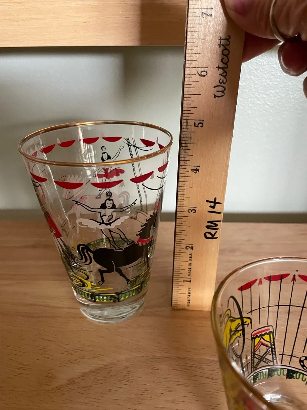 Vintage Libbey Glass Circus Beverage Barware glasses manufactured in the 1950s.